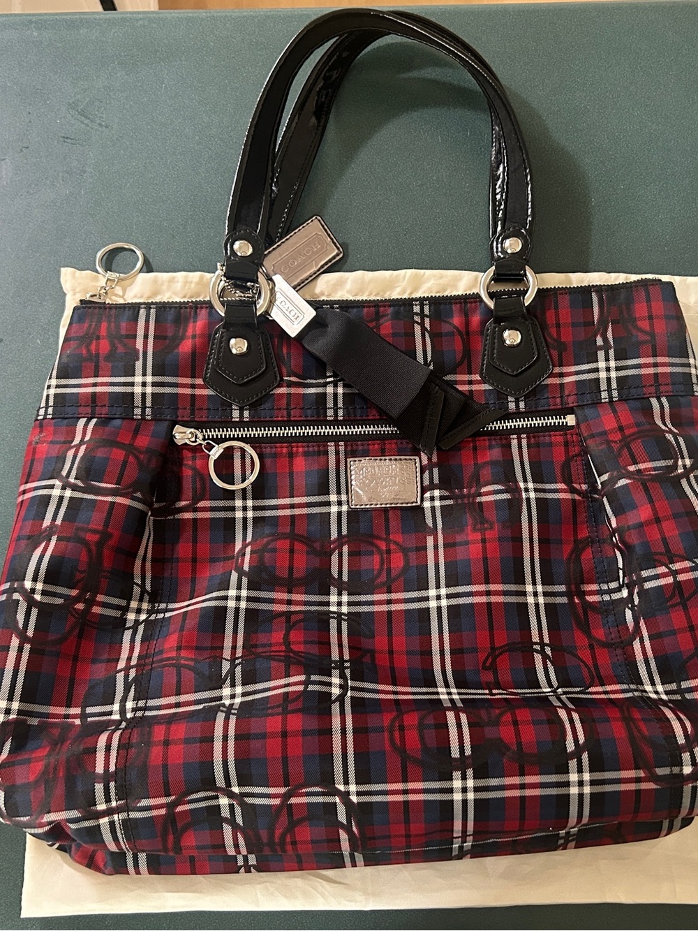 Coach Red Plaid Tartan Tote with Black Patent Handles